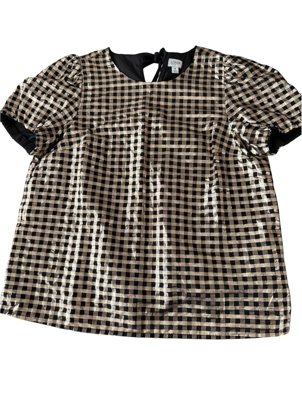 J Crew Metallic Fiber Puffed Sleeve Evening Top Bow Tie In Back Size M